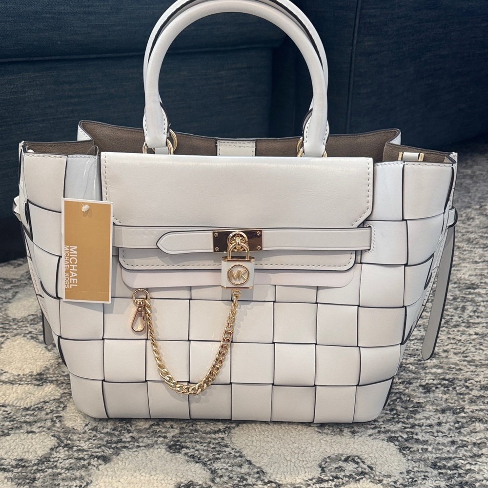 NWT limited edition Michael Kors White Woven Satchel with Gold Accents